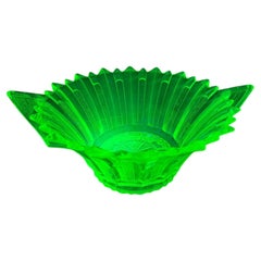 Belgian Art Deco Green Uranium Pressed Glass Handled Centrepiece Bowl