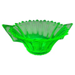 Belgian Art Deco Green Uranium Pressed Glass Handled Centrepiece Bowl