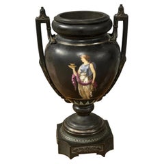Antique Classical Revival Hand-Painted Black Basalt Style Twin-Handled Urn