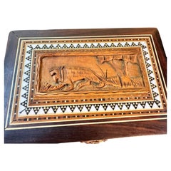 Antique Anglo-Indian Inlaid Hardwood Box with Carved Tiger Relief Lid