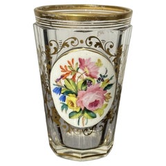 Antique Continental Enamelled Cut Crystal Beaker Vase with Floral Medallion
