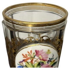 Antique Continental Enamelled Cut Crystal Beaker Vase with Floral Medallion