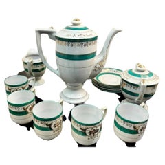 Service à café japonais vintage du milieu du siècle, en porcelaine verte et dorée, 15 pièces