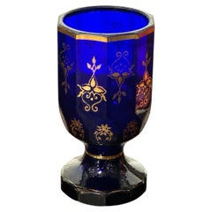 Antique Russian Cobalt Blue Cut Glass Footed Goblet with Gilt Decoration
