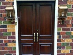 Pair of Strathmore Glazed Brass Exterior Wall Lanterns