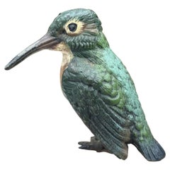 Cold-Painted Spelter Kingfisher Bird Sculpture on Cube Alabaster Base
