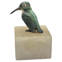 Cold-Painted Spelter Kingfisher Bird Sculpture on Cube Alabaster Base