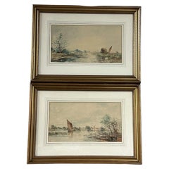 F Howard Pair of Norfolk Broads River Landscapes with Sailing Boats Watercolours