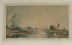 F Howard Pair of Norfolk Broads River Landscapes with Sailing Boats Watercolours