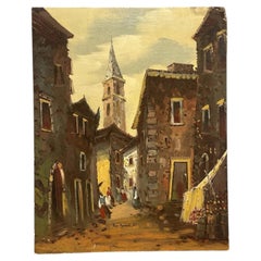Mid Century Spanish Village Street with Church Spire in the Manner of Ken Howard