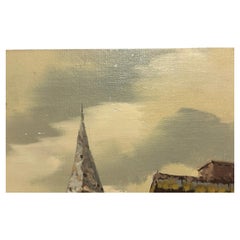 Mid Century Spanish Village Street with Church Spire in the Manner of Ken Howard