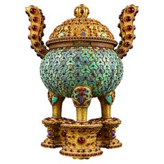 Magnificent Chinese Gilt Copper & Turquoise Inlaid Imperial-Style Tripod Censer