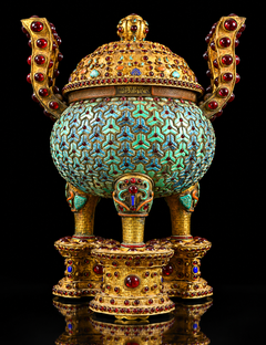 Magnificent Chinese Gilt Copper & Turquoise Inlaid Imperial-Style Tripod Censer