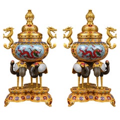 Monumental Pair of Chinese Cloisonné Enamel Dragon and Crane Incense Burners