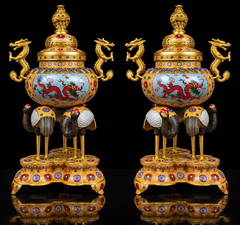 Monumental Pair of Chinese Cloisonné Enamel Dragon and Crane Incense Burners