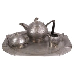 Antique Urania Jugendstil Pewter Four-Piece Tea Service, Holland, Model 1301