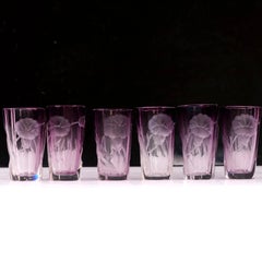 Set of Six Bohemian Amethyst Intaglio Engraved Liqueur Glasses Attributed Moser
