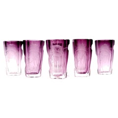 Set of Six Bohemian Amethyst Intaglio Engraved Liqueur Glasses Attributed Moser