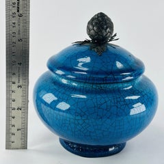 French Turquoise Crackle-Glaze Ceramic Jar with White Metal Pineapple Finial