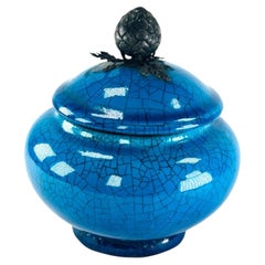 French Turquoise Crackle-Glaze Ceramic Jar with White Metal Pineapple Finial