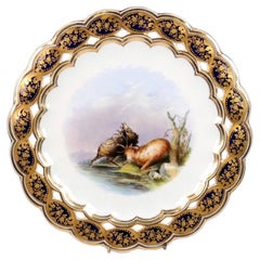 Antique Coalport Reticulated Porcelain Cabinet Plate with Fighting Stags Scene
