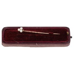 Antique 9ct Gold Trefoil Pearl and Diamond Stickpin with Fitted Box