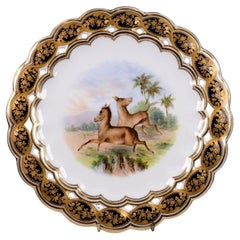 Antique Coalport Reticulated Cabinet Plate with Hand-Painted Wild Horses