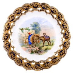 Placa calada de Coalport para armario, pintada a mano con burros y borde de cobalto dorado