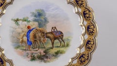 Placa calada de Coalport para armario, pintada a mano con burros y borde de cobalto dorado