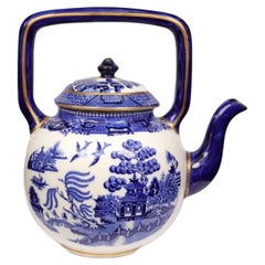 English Blue and White Willow Pattern Porcelain Teapot with Overhead Handle
