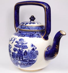English Blue and White Willow Pattern Porcelain Teapot with Overhead Handle