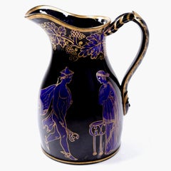 Antique English Greek Revival Jet Ware Jug with Blue and Gilt Classical Figures