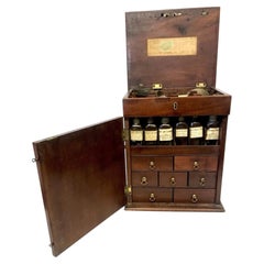 Antique Inlaid Mahogany Apothecary Cabinet with Glass Bottles and Scales
