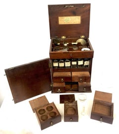 Antique Inlaid Mahogany Apothecary Cabinet with Glass Bottles and Scales