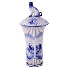 Delft Blue and White Porcelain Vase and Cover with Pug Dog Finial