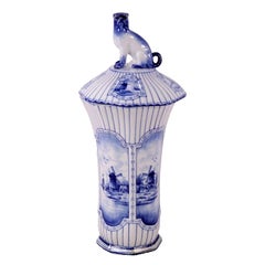 Delft Blue and White Porcelain Vase and Cover with Pug Dog Finial