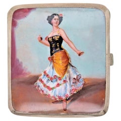 Étui à cigarettes ancien plaqué argent, orné d'une danseuse de flamenco émaillée