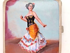 Étui à cigarettes ancien plaqué argent, orné d'une danseuse de flamenco émaillée