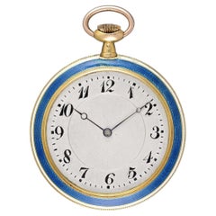 Swiss 18ct Gold and Blue Guilloché Enamel Dress Pocket Watch with Chain