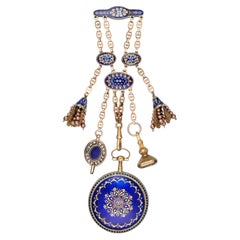 Hessen à Paris Gold and Enamel Verge Pocket Watch with Chatelaine