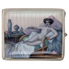 German 900 Silver and Enamel Cigarette Case with Reclining Nude