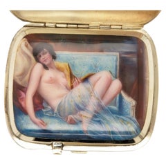 Continental Silver Cigarette Case with Concealed Erotic Enamel Miniature