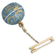 Swiss Diamond-Set Blue Guilloché Enamel Gold Ball Watch Brooch