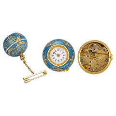 Swiss Diamond-Set Blue Guilloché Enamel Gold Ball Watch Brooch