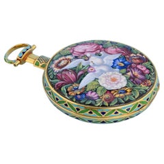Swiss Enamelled Gold Chinese Market Duplex Pocket Watch with Doves