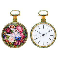Swiss Enamelled Gold Chinese Market Duplex Pocket Watch with Doves
