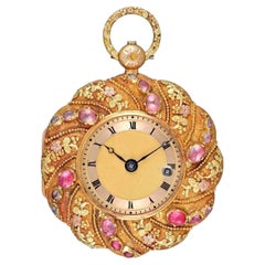 Three-Colour Gold and Pink Stone Set Scalloped Cylinder Pocket Watch