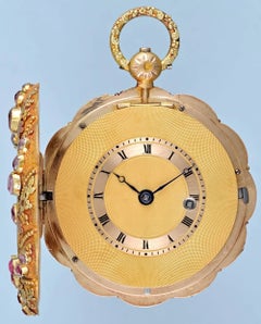 Three-Colour Gold and Pink Stone Set Scalloped Cylinder Pocket Watch