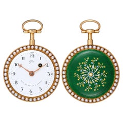 Gide Paris Pearl-Set Gold and Green Enamel Verge Pocket Watch
