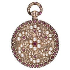 Swiss Pearl and Ruby Encrusted Gold Open Face Pocket Watch